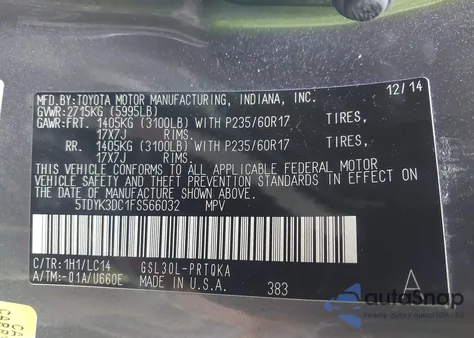 2015 Toyota Sienna Xle 8 Passenger z USA, uszkodzony, nr VIN 5TDYK3DC1FS566032